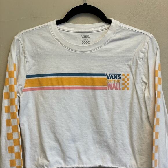 VANS S long sleeve crop top street wear urban white blue raw hemline race - Picture 2 of 7